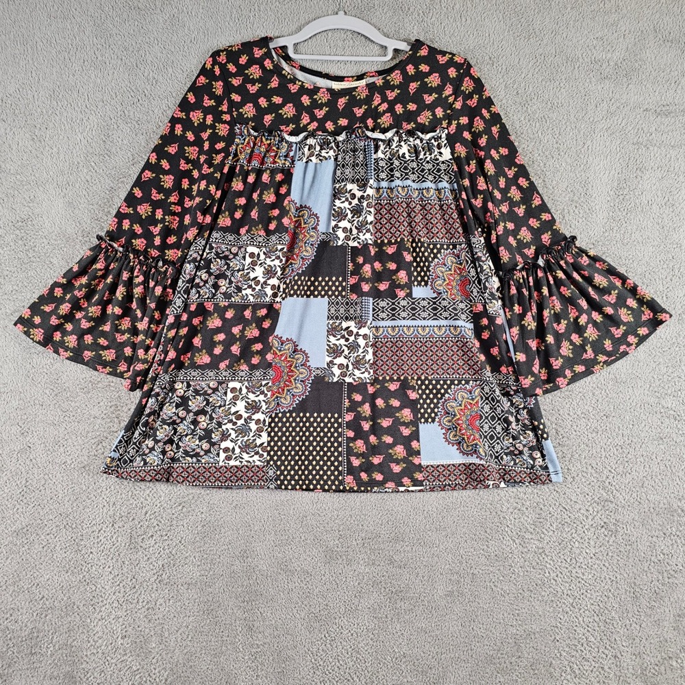 Bobbie Brooks Womens Medium Floral Patchwork Bell Sleeve Peasant Top Mixed Print
